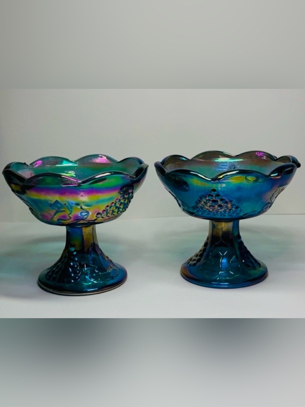Indiana Glass Harvest Grape Blue Carnival Glass Candle Holders, Pair